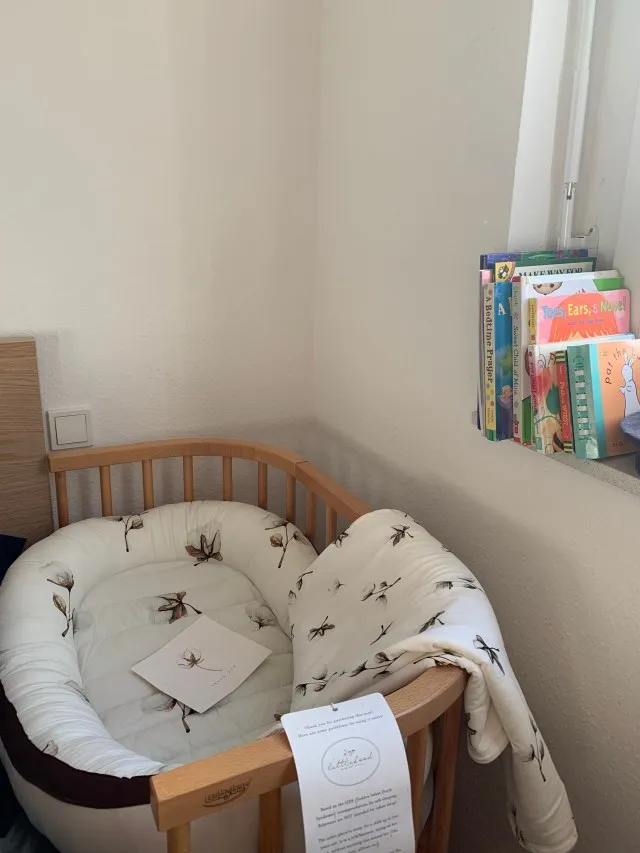 Photo of baby bassinet next to a large bed.